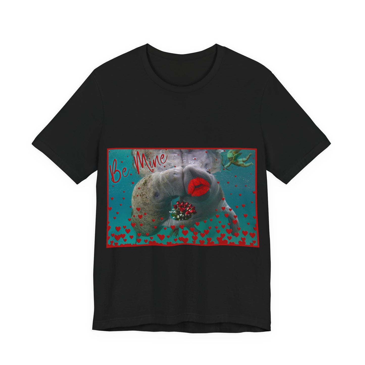 Happy Valentines Day Manatee Tee, black t-shirt