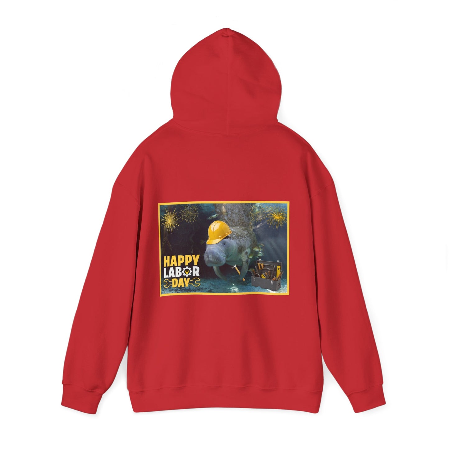 Happy Labor Day Manatee Hoodie, red hoodie back