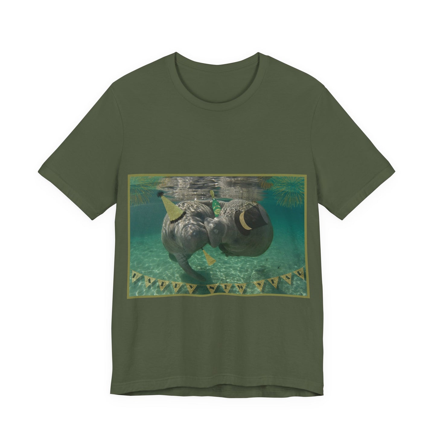 Happy New Years Manatee Tee, army green t-shirt