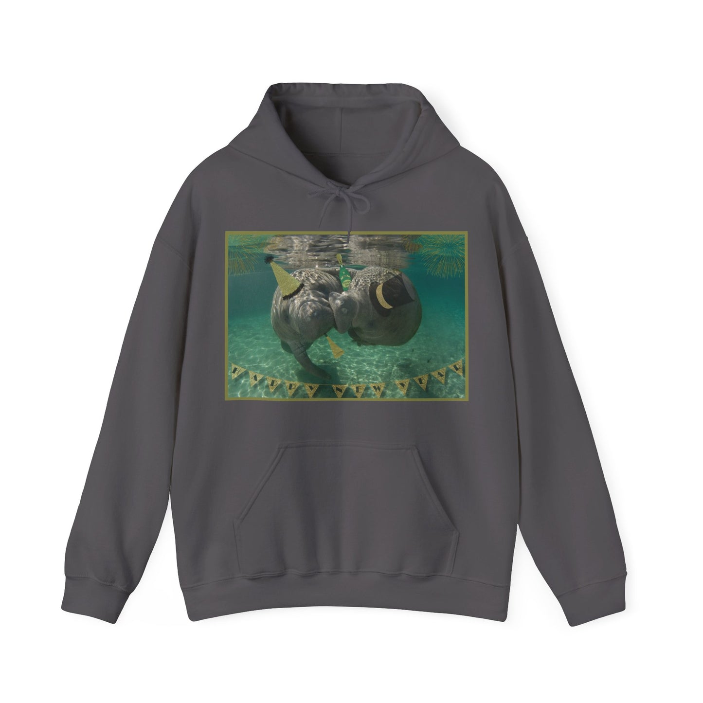 Happy New Years Manatee Hoodie, dark grey hoodie front