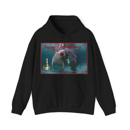 Happy Anniversary Manatee Hoodie, black hoodie front