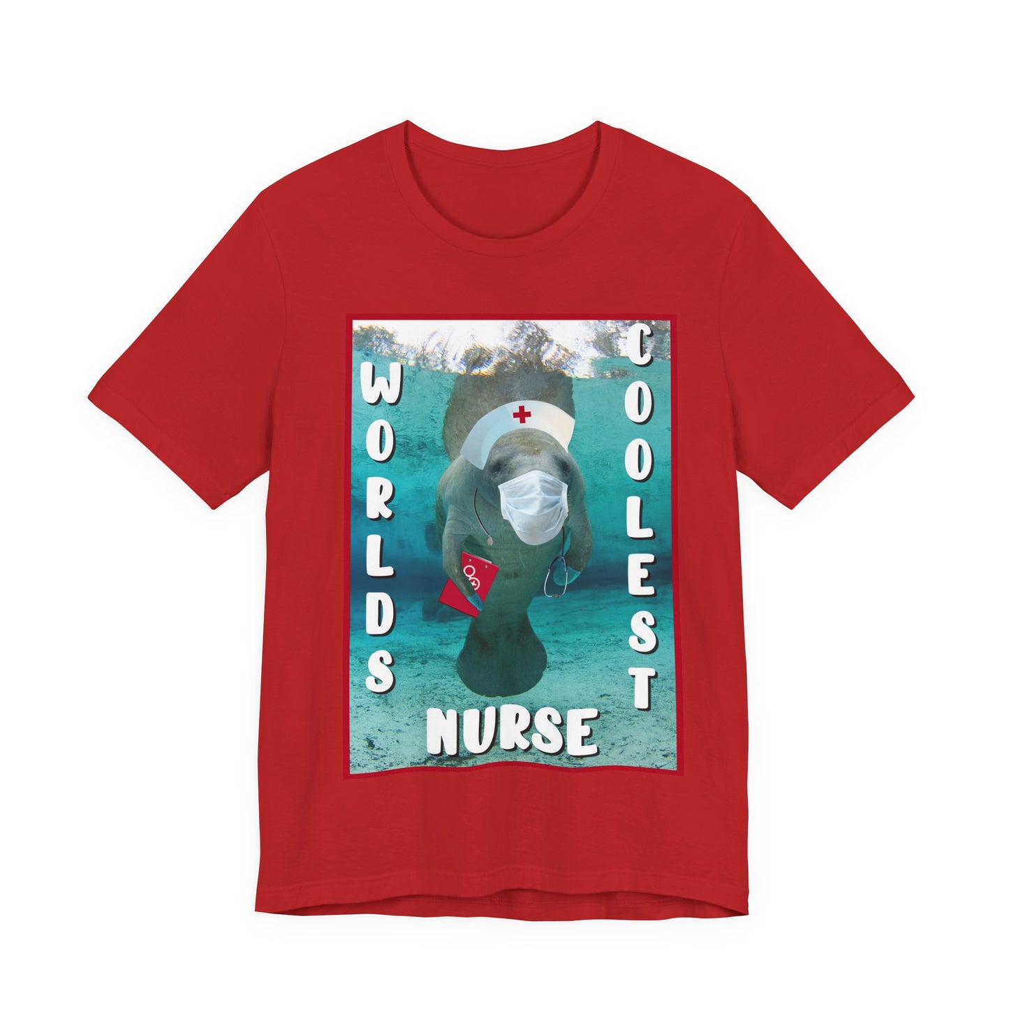 World's Coolest Nurse Manatee Tee, red t-shirt