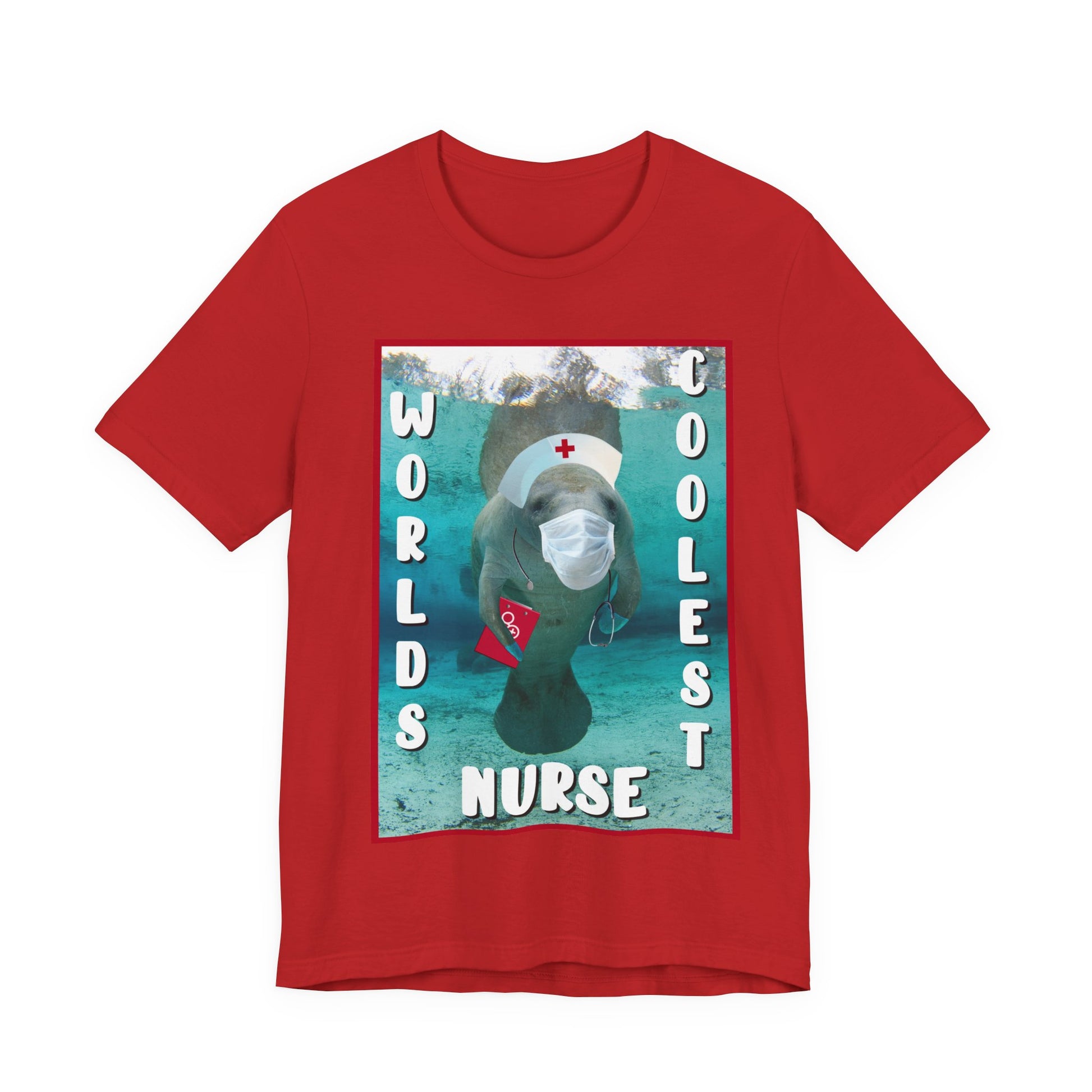 World's Coolest Nurse Manatee Tee, red t-shirt